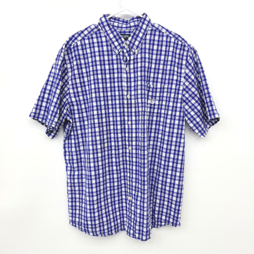 Chaps Button Down Shirt Plaid Seersucker Mens XXL Blue